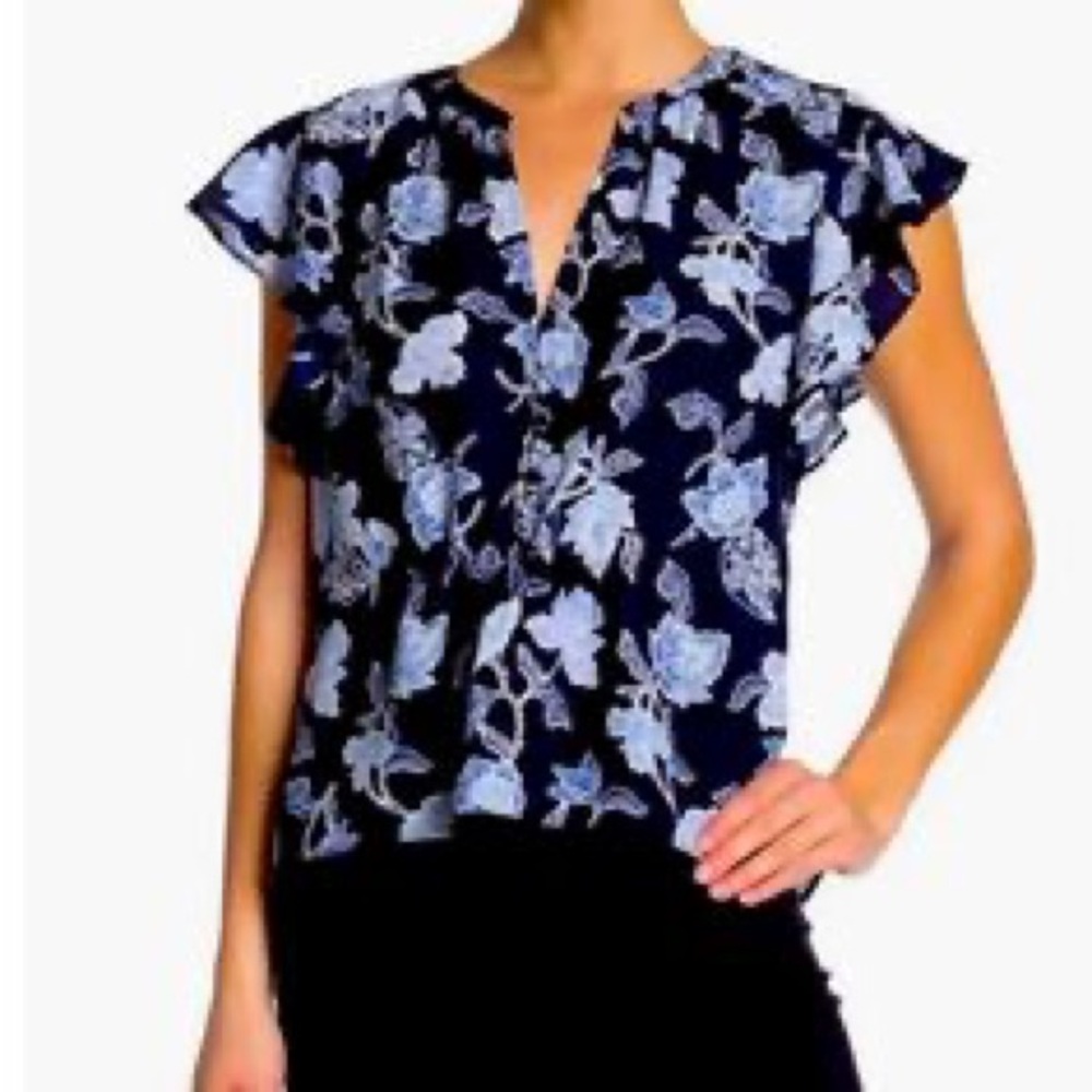 Joie Blue Floral Henley Flutter Sleeve Pullover Blouse